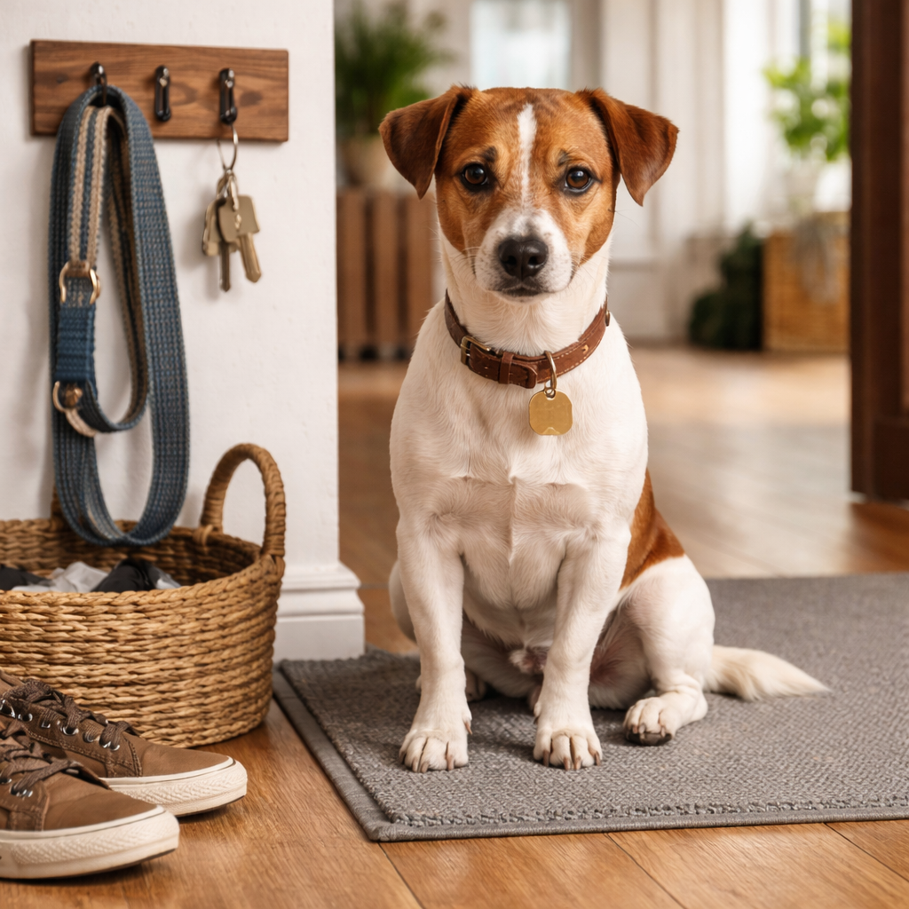 Small brown and white dog waiting beside its leash at home