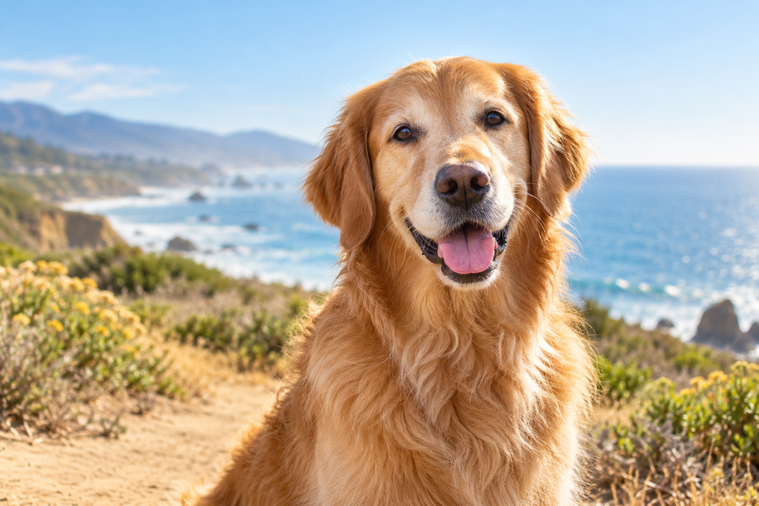 Friendly golden retriever on a sunny coastal path