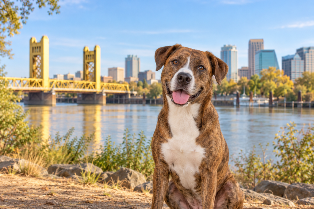 Brindle mixed-breed dog beside the Sacramento River with Tower Bridge in the background