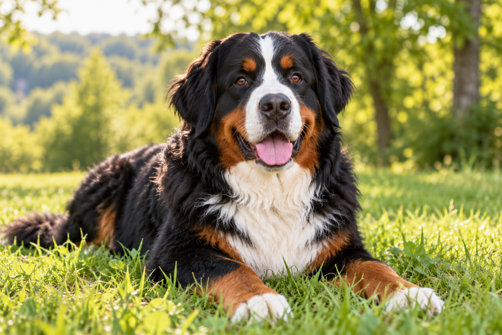 Bernese mountain dog resting in sunlit grass