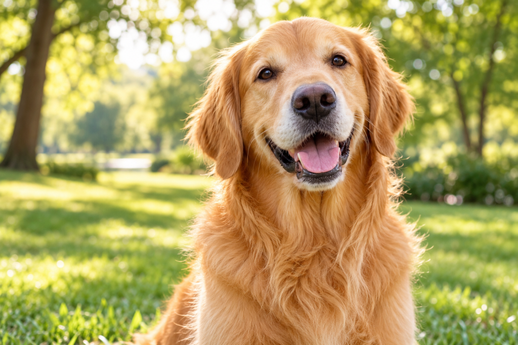 Golden retriever enjoying a sunny green park
