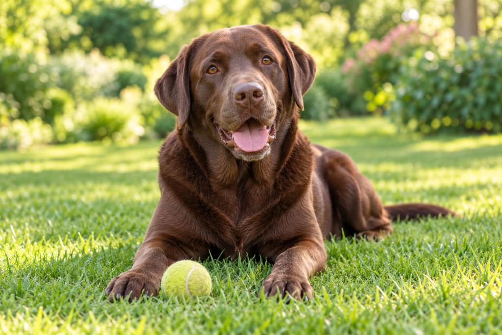 Chocolate Labrador resting in the grass with a tennis ball