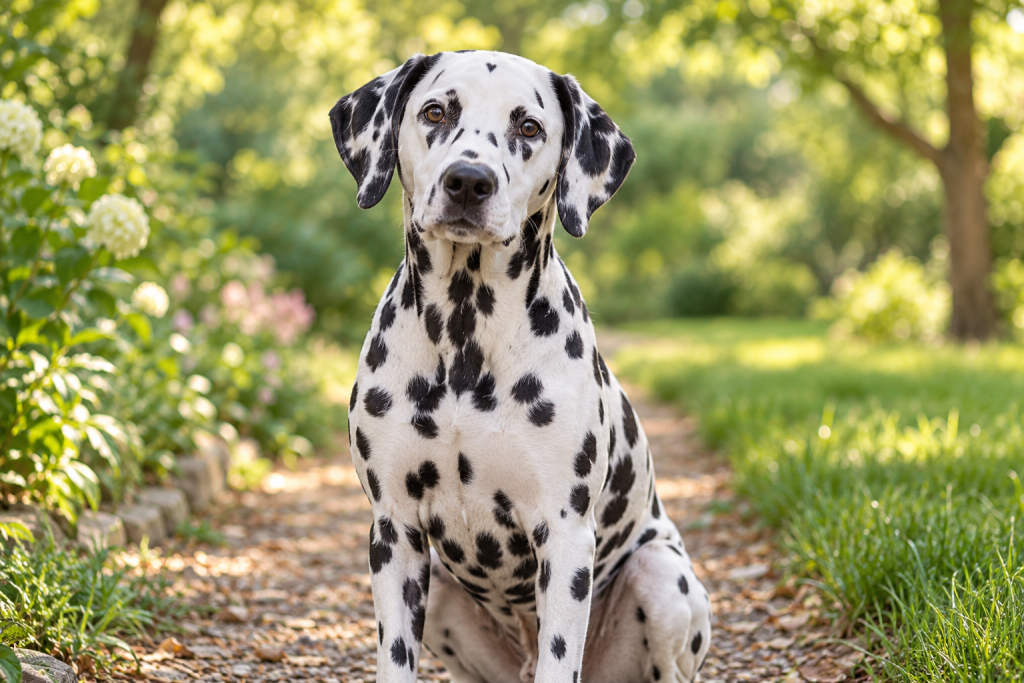 Dalmatian sitting beside a leafy garden path