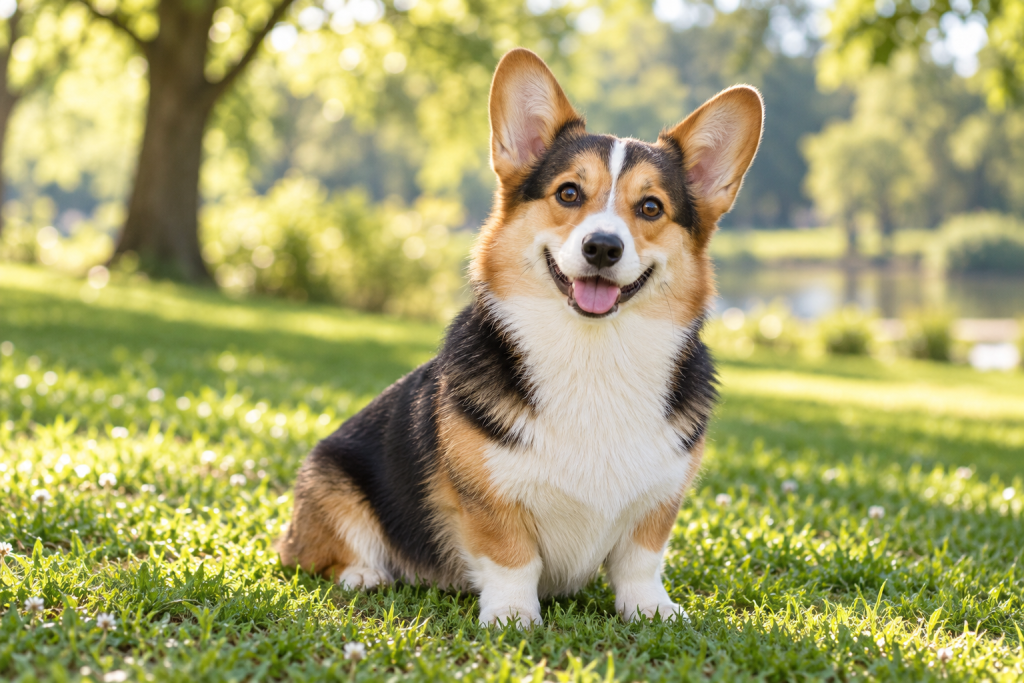 Tricolor corgi sitting in a sunny green park